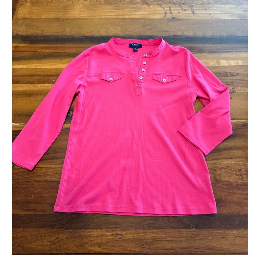 Chaps Pink Henley Long Sleeve Cotton Top Womens Large Quiet Luxury Preppy